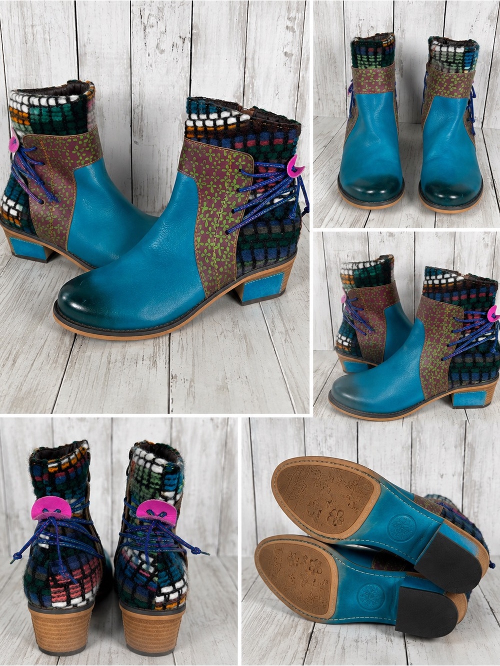 Socofy Teal Leather Boho Knit Textured Zip Ankle Boots Floral Size 39 US 8 NEW